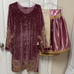 NWT Pakistani Indian wedding handwork Velvet Dress and Satin Pants Set